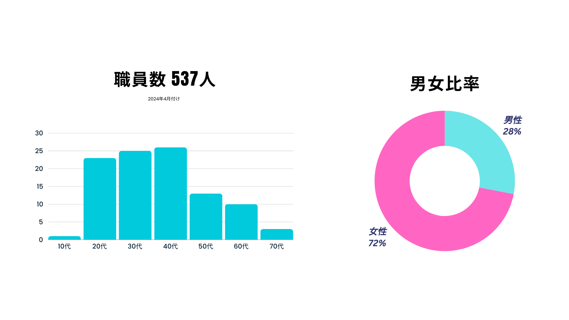 2024年４月付けの清和会全体の職員数は537人。男女比率は男性28％、女性72％。